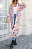 Woochic striped straight collar cardigan sweater with fringes, long