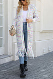 Woochic striped straight collar cardigan sweater with fringes, long