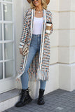 Woochic striped straight collar cardigan sweater with fringes, long