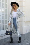 Woochic striped straight collar cardigan sweater with fringes, long