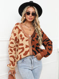 Woochic V-Neck Leopard Print Lantern Sleeve Cardigan Sweater