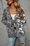 Woochic V-Neck Leopard Print Lantern Sleeve Cardigan Sweater