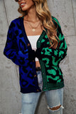 Woochic V-Neck Leopard Print Lantern Sleeve Cardigan Sweater