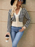 Woochic Knitted Cardigan Sweater V-Neck Houndstooth Pattern Loose Lantern Sleeve