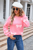 Woochic Round Neck Bow Print Long Sleeve Knitted Sweater