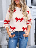 Woochic Round Neck Bow Print Long Sleeve Knitted Sweater