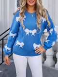 Woochic Round Neck Bow Print Long Sleeve Knitted Sweater