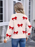 Woochic Round Neck Bow Print Long Sleeve Knitted Sweater