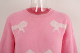 Woochic Round Neck Bow Print Long Sleeve Knitted Sweater