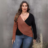 Woochic pull grande taille femme col en V croix irrégulière contrastées