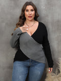 Woochic pull grande taille femme col en V croix irrégulière contrastées