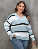 Woochic pull grande taille femme col en V larges rayures contrasté