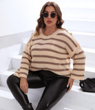 Woochic pull grande taille femme col rond rayures contrasté manches évasées