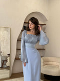 Woochic Long Sleeve U-Neck A-Line Mercerized Dress