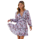 Woochic V-Neck Long Sleeve Printed A-Line Dress