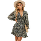 Woochic V-Neck Long Sleeve Printed A-Line Dress