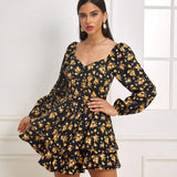 Woochic Floral Print V-Neck Long Sleeve Dress