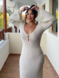 Woochic V-Neck Knitted High Waist Cutout Long Sleeve Dress