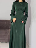 Woochic Long Sleeve Round Neck Lace Up Cinched Waist Dress