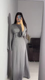 Woochic Long Sleeve Round Neck Lace Up Cinched Waist Dress