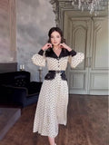 Woochic Long Sleeve V-Neck A-Line Polka Dot Lace Dress