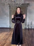 Woochic Long Sleeve Mid-High Neck Pleated Ruffle Dress