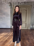 Woochic Long Sleeve Mid-High Neck Pleated Ruffle Dress