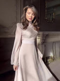 Woochic Long Sleeve Mid-High Neck Pleated A-Line Dress