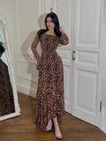 Woochic Leopard Print Crew Neck Long Sleeve Dress