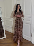 Woochic Leopard Print Crew Neck Long Sleeve Dress