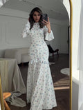 Woochic Long Sleeve Printed Dress Ruffles Cinched Hem Three-dimensional Pattern