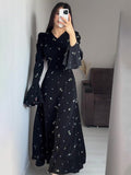 Woochic Floral Print V Neck Lace Trim Long Sleeve Dress