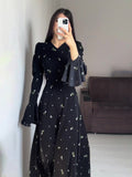 Woochic Floral Print V Neck Lace Trim Long Sleeve Dress