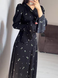 Woochic Floral Print V Neck Lace Trim Long Sleeve Dress