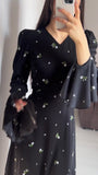 Woochic Floral Print V Neck Lace Trim Long Sleeve Dress