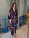 Woochic Floral Print V Neck Long Sleeve Slit Dress