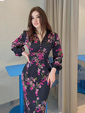 Woochic Floral Print V Neck Long Sleeve Slit Dress