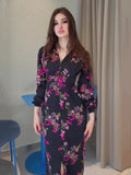 Woochic Floral Print V Neck Long Sleeve Slit Dress