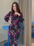 Woochic Floral Print V Neck Long Sleeve Slit Dress