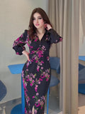 Woochic Floral Print V Neck Long Sleeve Slit Dress