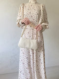 Woochic Floral Pattern Long Sleeve Dress Mid-High Neck Embroidery Fitted Dress