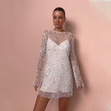 Woochic robe à manches longues paillettes tulle transparente à bretelles taille haute