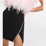 Woochic robe à plumes bustier fendue sertissage en strass   