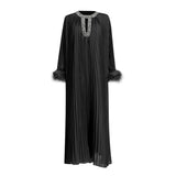 Woochic robe à plumes col rond strass plissée couture noir S 