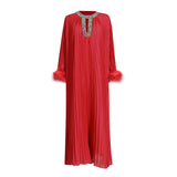 Woochic robe à plumes col rond strass plissée couture rouge S 