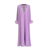 Woochic robe à plumes col rond strass plissée couture violet S 