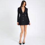 Woochic robe blazer col en V cintrée plissée simple boutonnage   