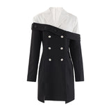 Woochic robe blazer croisée contrastée noir et blanc taille haute fente   