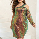 Woochic One Shoulder Sequin Cocktail Dress Plus Size Evening Party