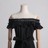 Woochic cocktail dress boat neck embroidered lace belt high waist